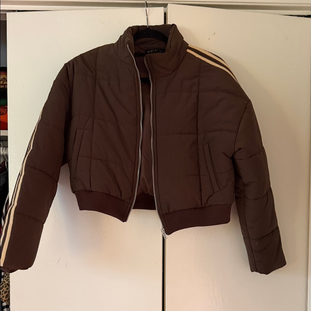 Blue Blush Chocolate Brown Puffer Jacket with Cream Stripes